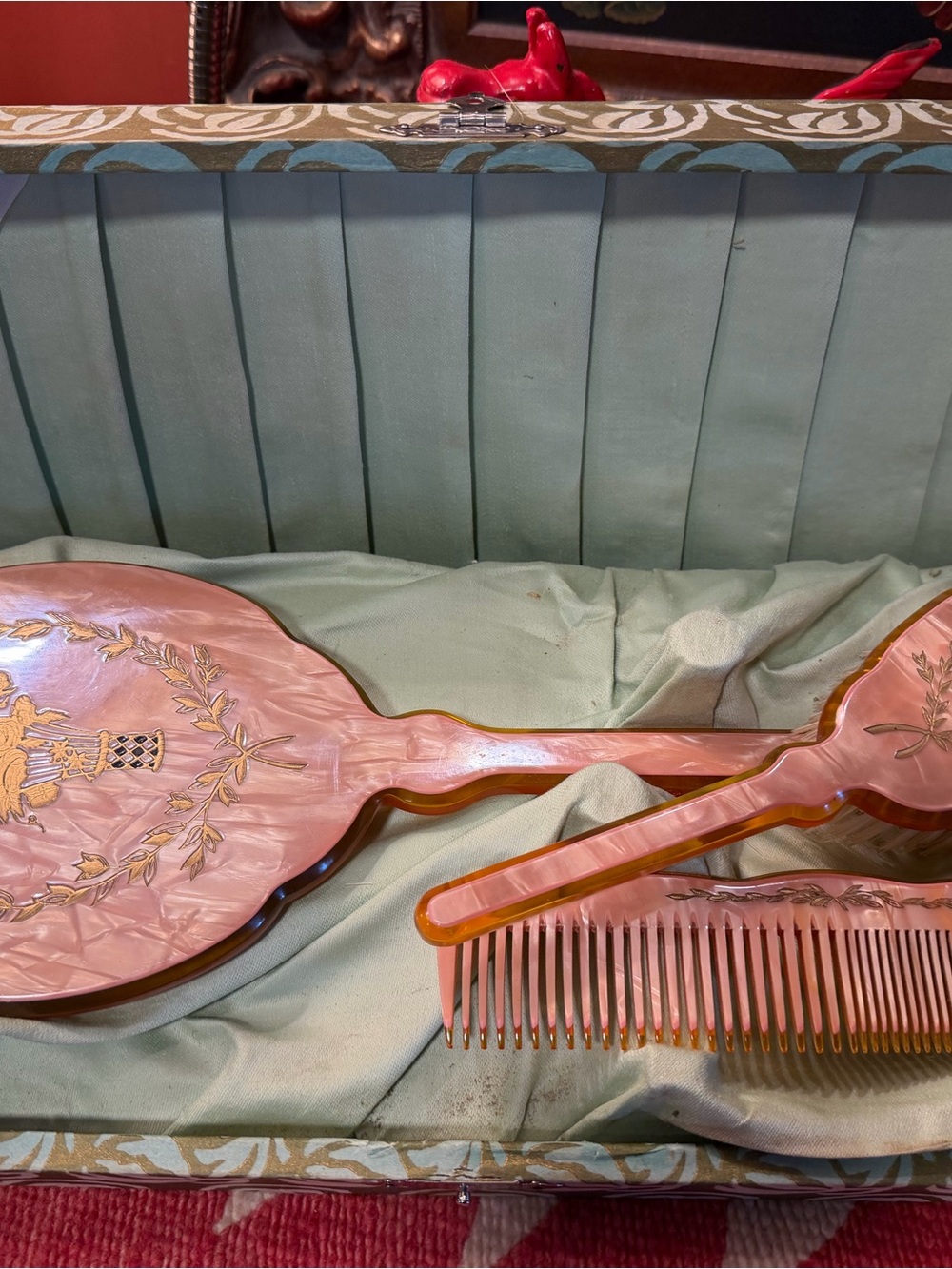 Vintage Pink Mother-of-Pearl Celluloid Vanity Brush, Mirror and Comb Set